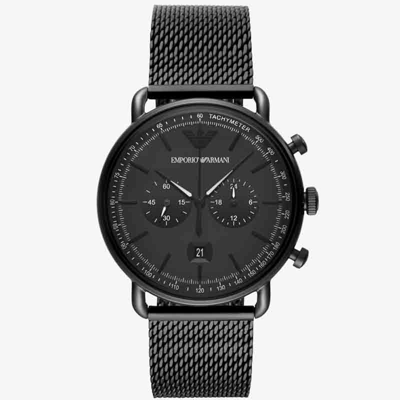 EMPORIO ARMANI Aviator Black Mesh Bracelet Black Dial Chronograph Quartz Watch for Gents - AR11264