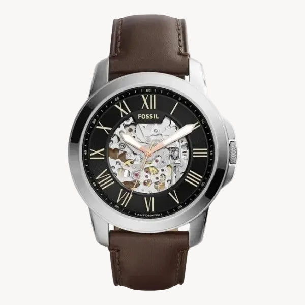 Fossil Men’s Automatic Brown Leather Strap Black Skeleton Dial 45mm Watch ME3100