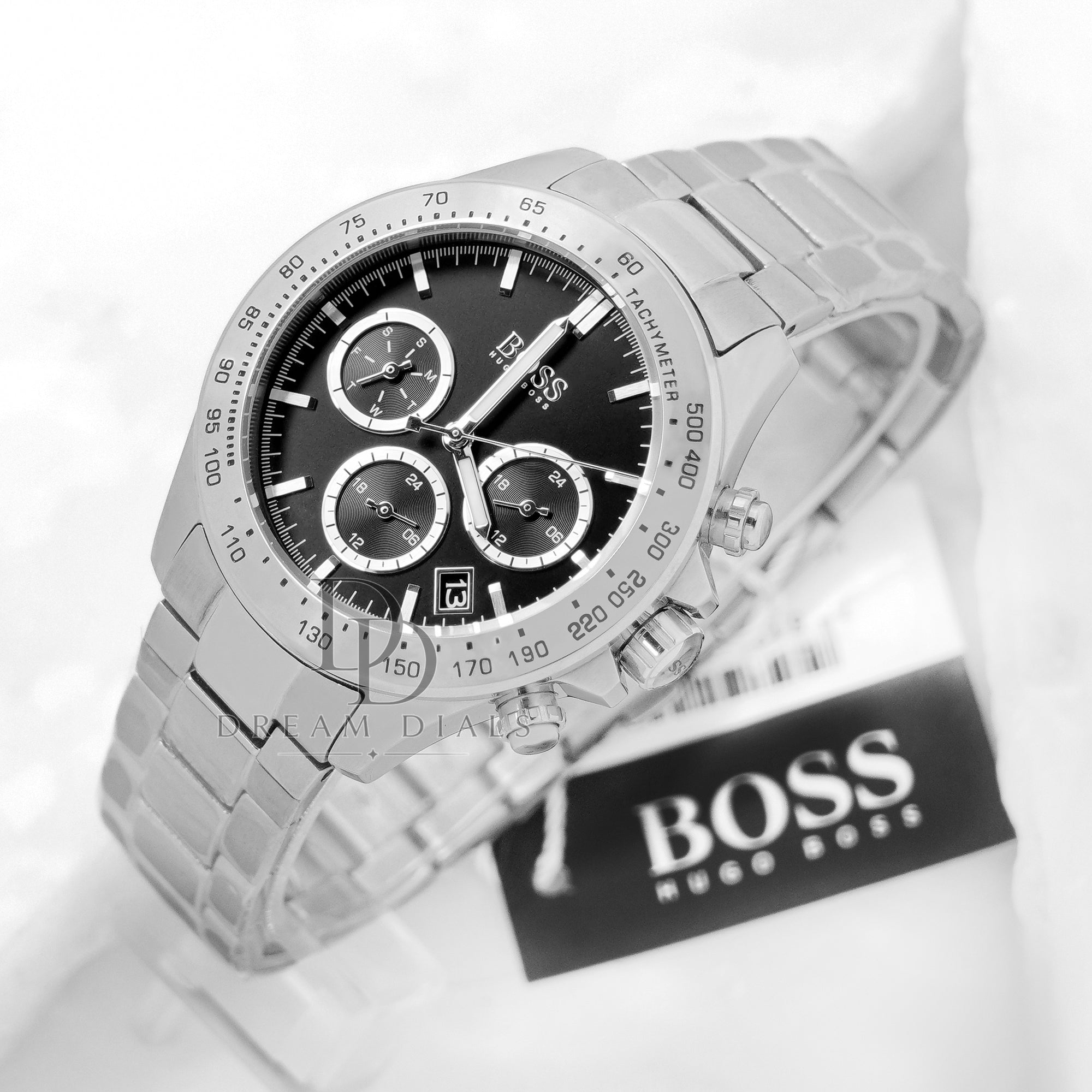Hugo Boss Ladies Quartz Silver Stainless Steel Black Dial 38 Watch 1502614