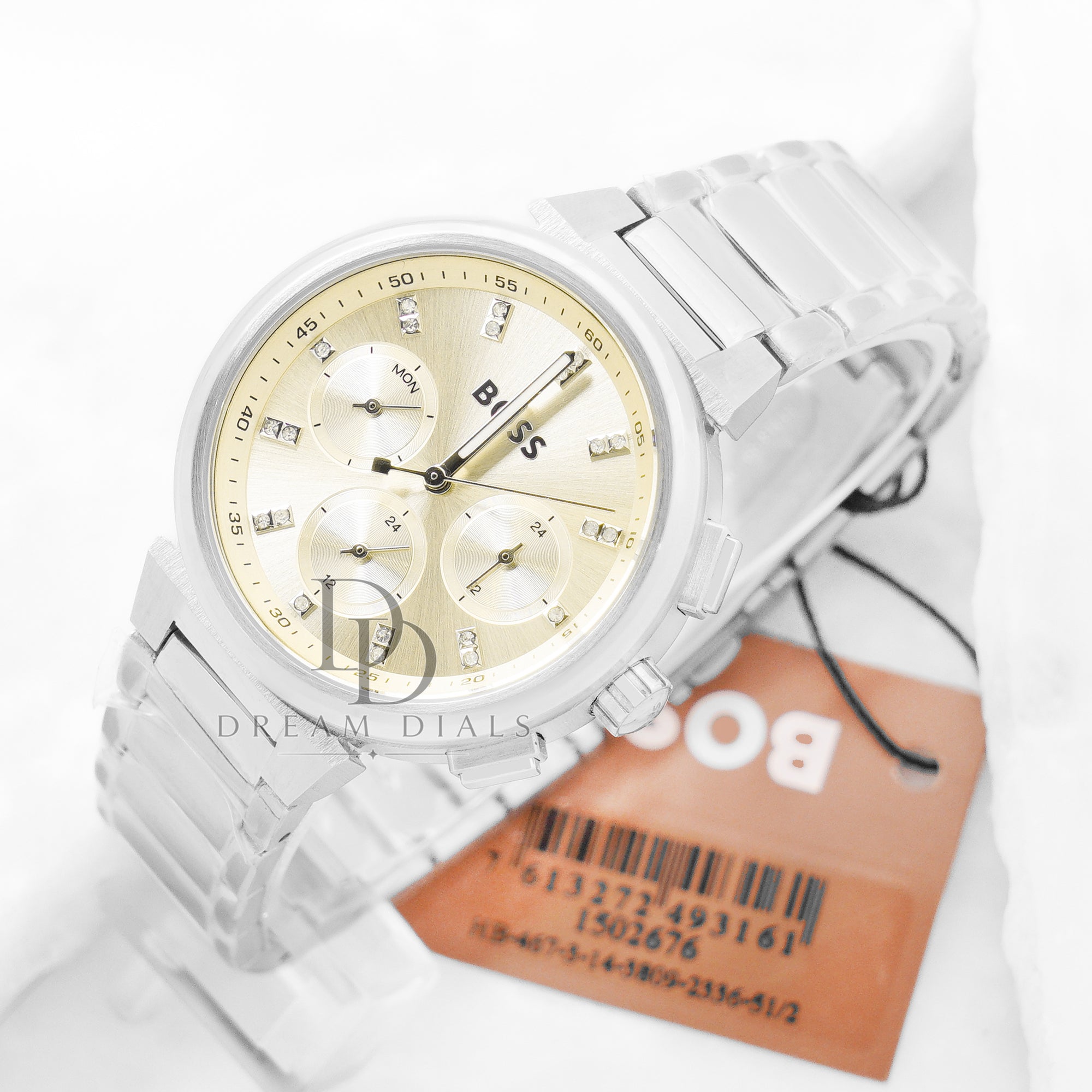 Hugo Boss Women’s Chronograph Silver Stainless Steel Gold Dial Watch – 1502676