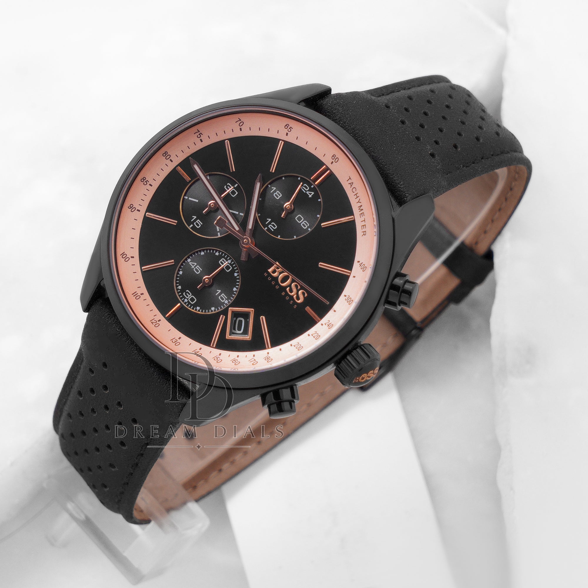 Hugo Boss Men’s Chronograph Leather Strap Black Dial 44mm Watch 1513550
