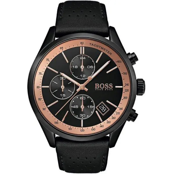 Hugo Boss Men’s Quartz Lather Strap Black Dial 44mm Watch 1513550