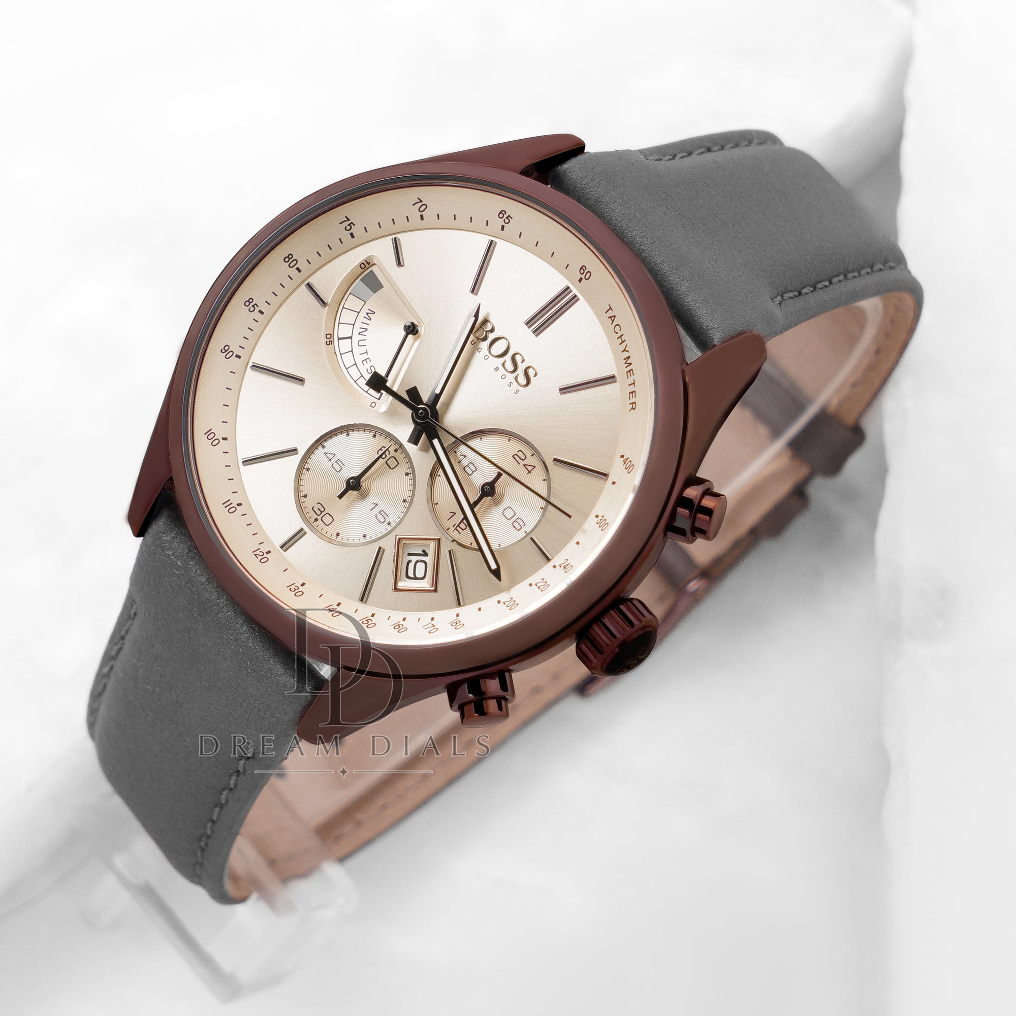 Hugo Boss Men’s Quartz Grey Leather Strap Gold Dial 44mm Watch 1513603
