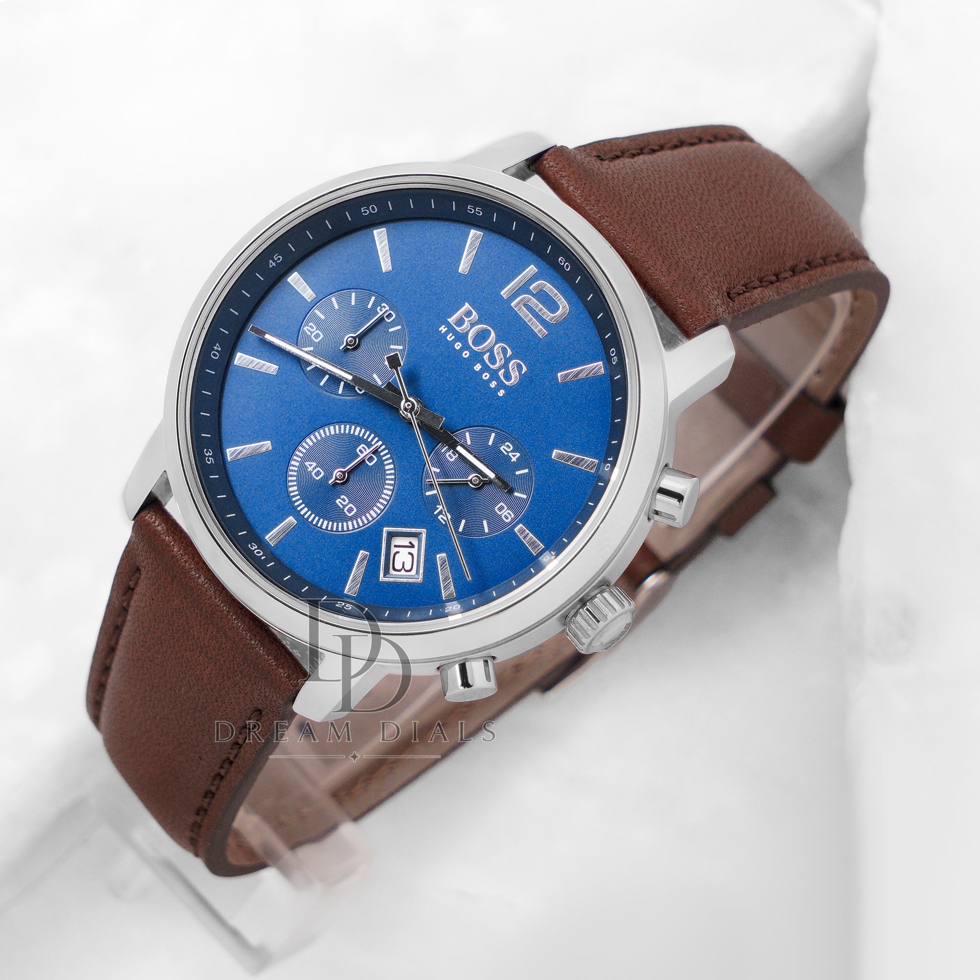 Hugo Boss Men’s Chronograph Brown Leather Strap Blue Dial 42mm Watch 1513606