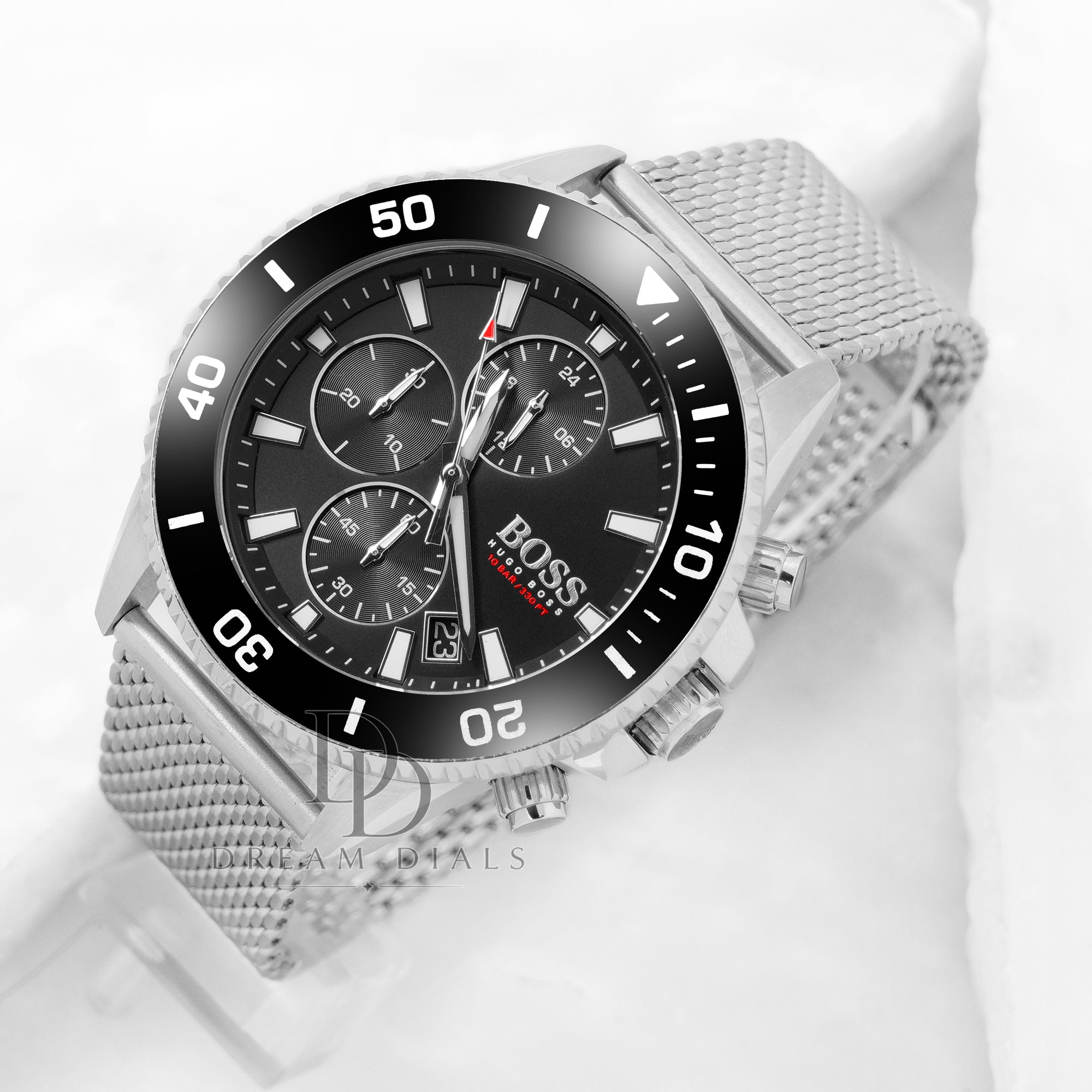HUGO BOSS Admiral Silver Mesh Bracelet Black Dial Chronograph Quartz Watch for Men 1513904