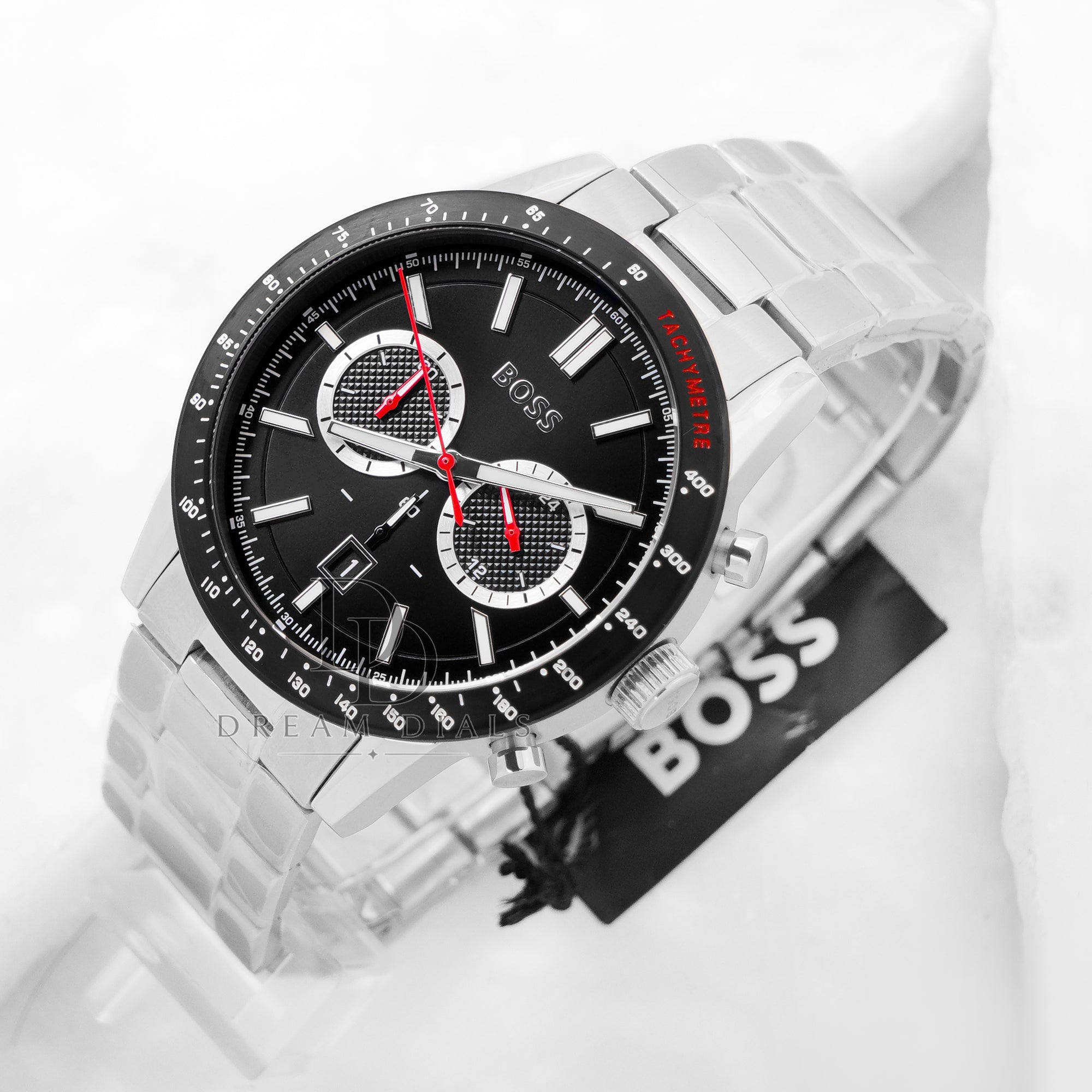 HUGO BOSS Allure Silver Stainless Steel Black Dial Chronograph Quartz Watch for Gents - 1513922

