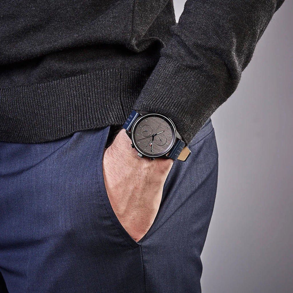 Tommy Hilfiger Chase Grey Dial Blue Leather Strap Watch for Men  1791578