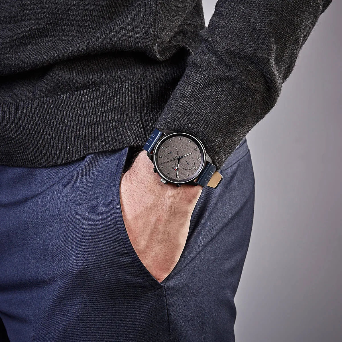 Tommy Hilfiger Chase Grey Dial Blue Leather Strap Watch for Men 1791578