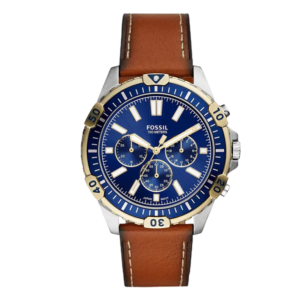 Fossil Garrett Brown Leather Strap Blue Dial Chronograph Quartz Watch for Gents - FS5625
