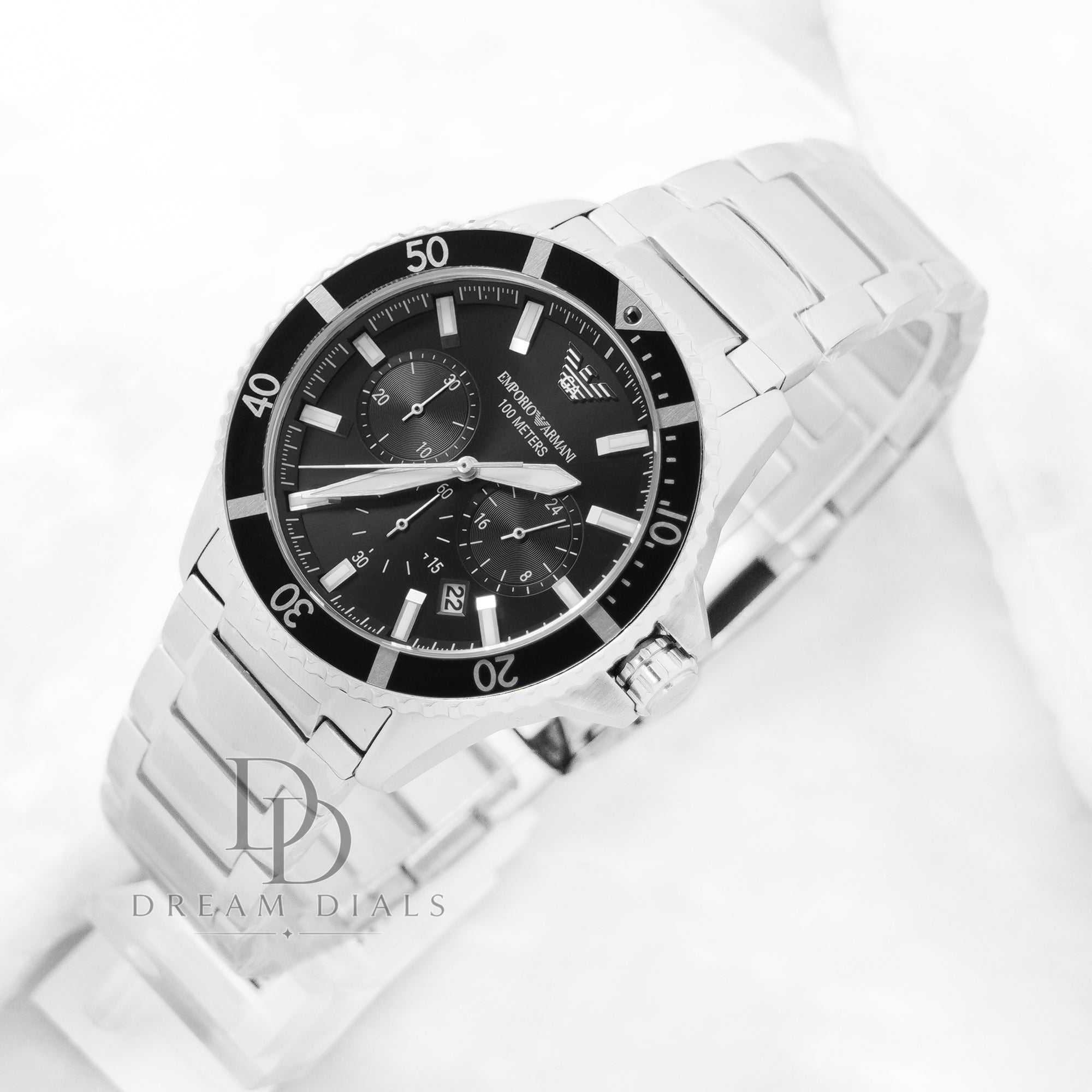 Emporio Armani Men’s Quartz Stainless Steel Black Dial 43mm Watch AR11360 Side angled view