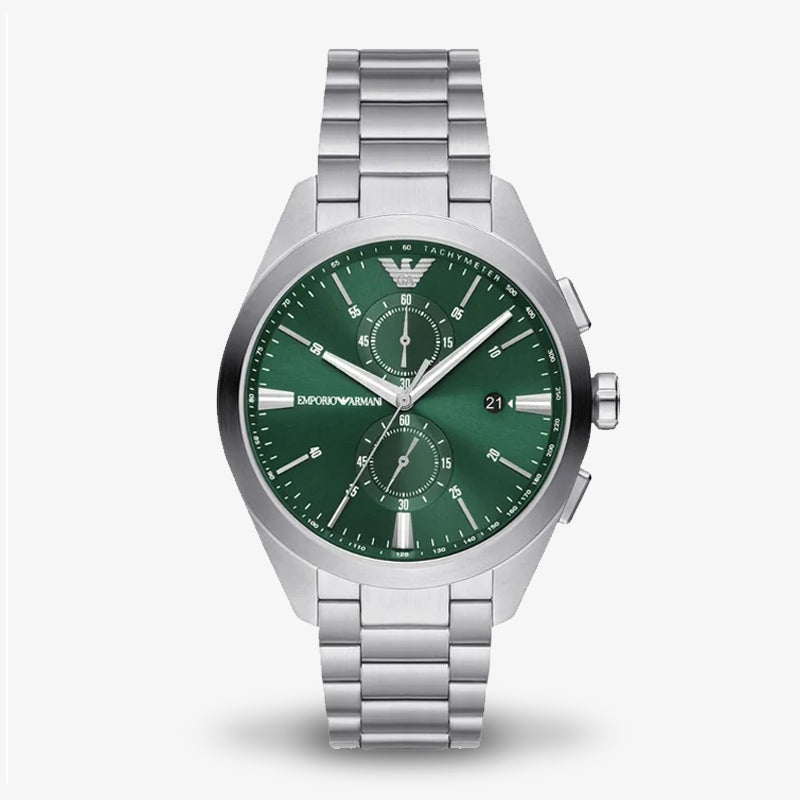 Emporio Armani Men’s Quartz Silver Stainless Steel Green Dial 43mm Watch AR11480 Front view