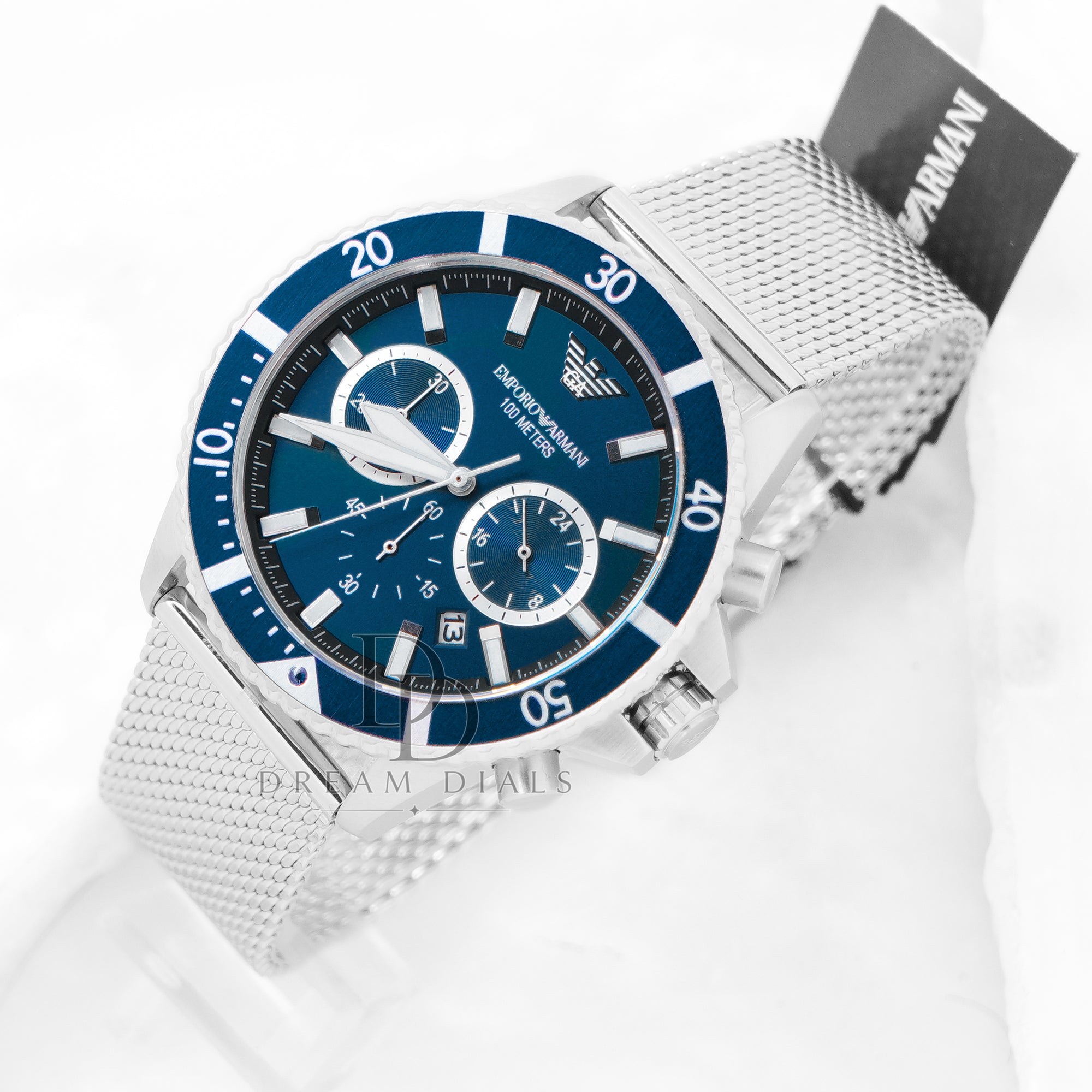 Emporio Armani Diver Silver  Mesh Blue Dial Quartz Watch for Gents- 