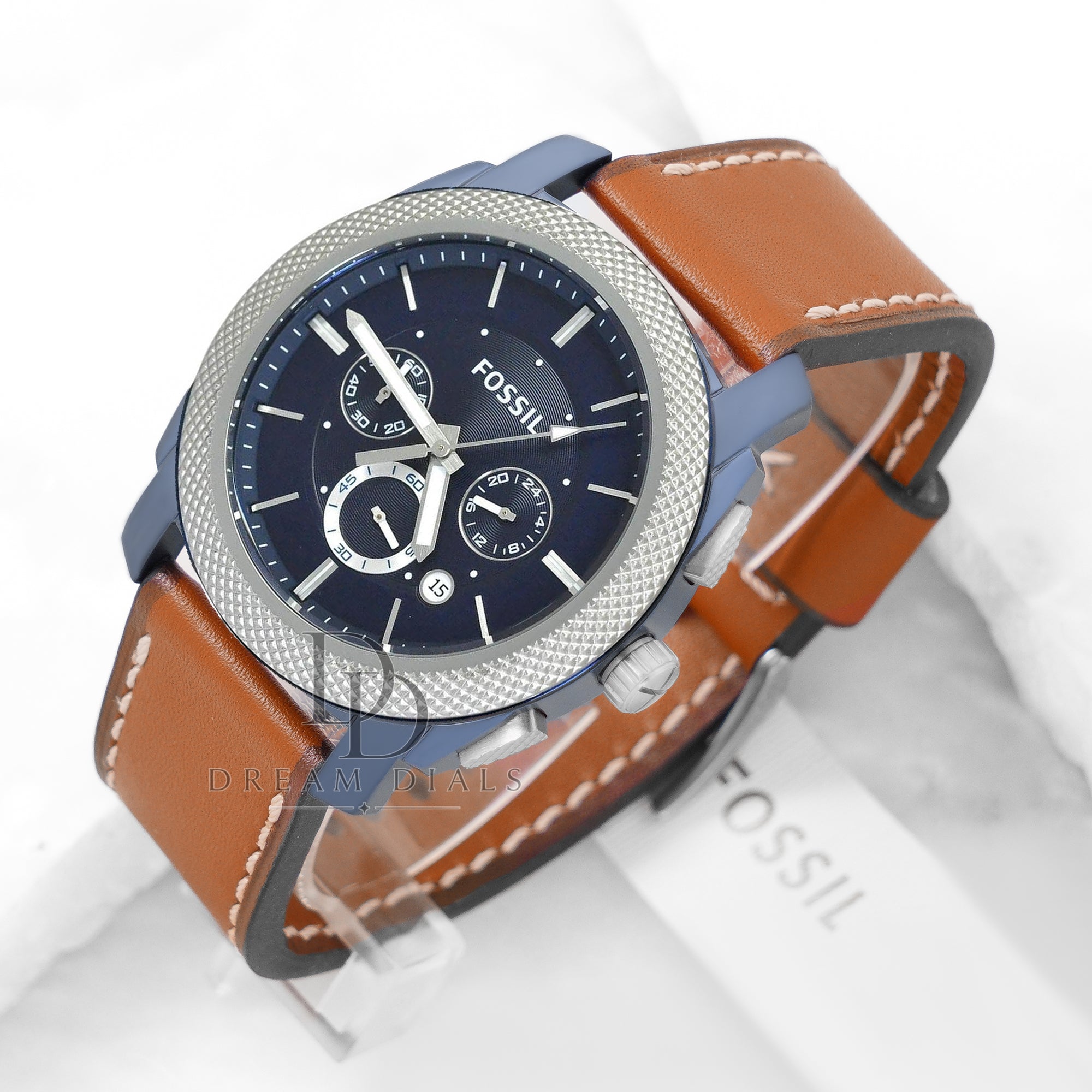 Fossil Machine Brown Leather Strap Blue Dial Chronograph Watch for Men FS5232