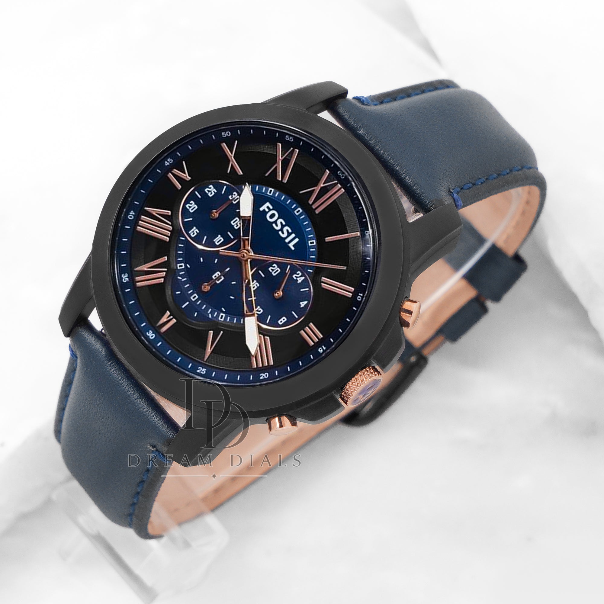 Fossil Grant Blue Leather Strap Black Dial Chronograph Watch for Men FS5061