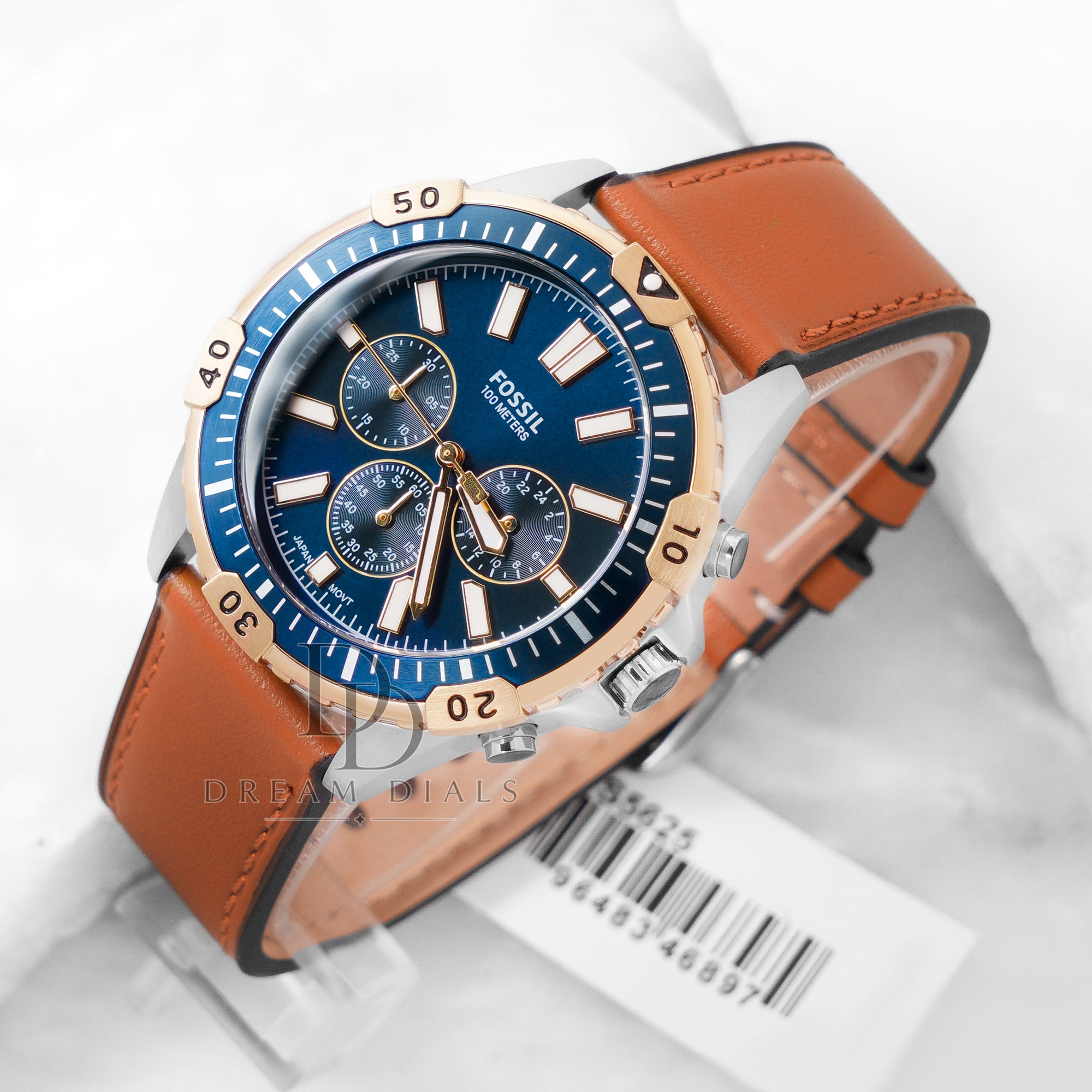 Fossil Garrett Brown Leather Strap Blue Dial Chronograph Watch for Gents - FS5625