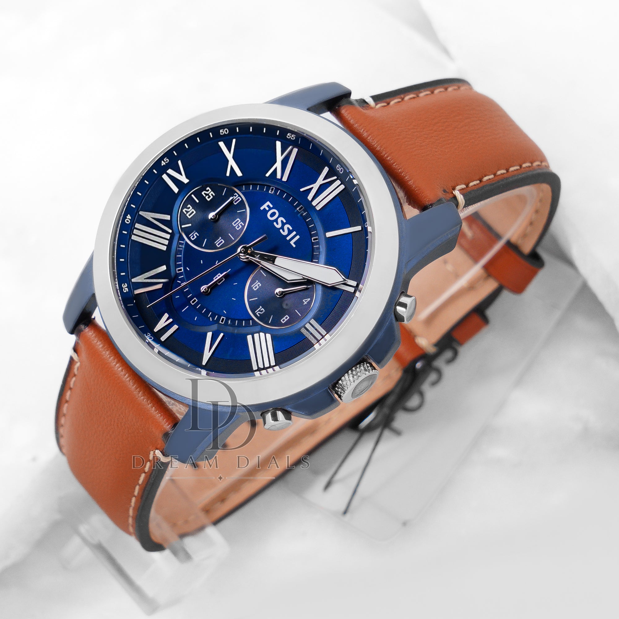 Fossil Grant Brown Leather Strap Blue Dial Chronograph Watch for Gents FS5151