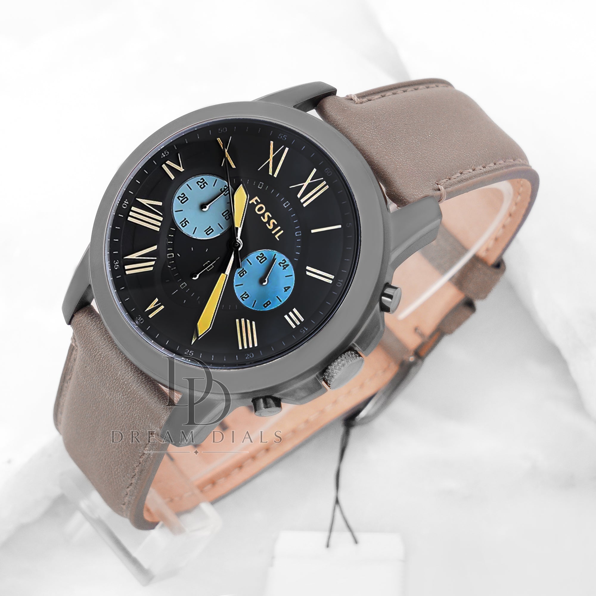 Fossil Grant Gray Leather Strap Gunmetal Dial Chronograph Watch for Gents  FS5183