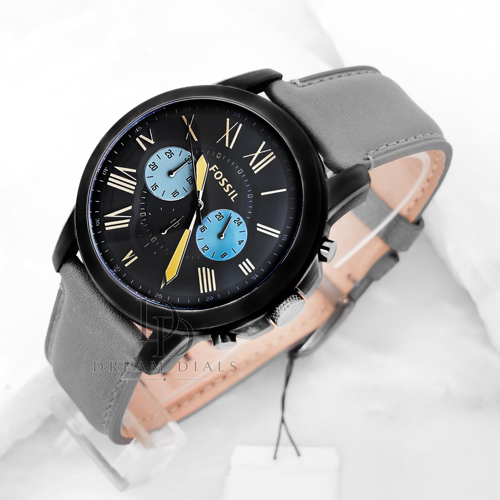 Fossil Grant Gray Leather Strap Gunmetal Dial Chronograph Watch for Gents  FS5183