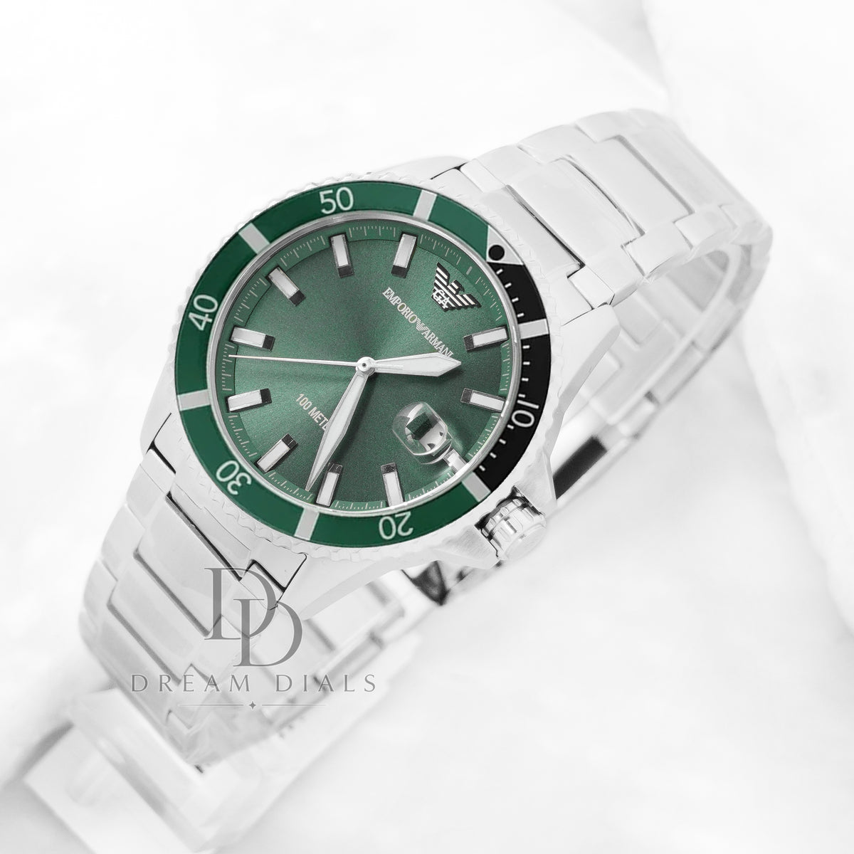 Emporio Armani Men’s Quartz Stainless Steel Green Dial 42mm Watch AR11338 Cross angle view