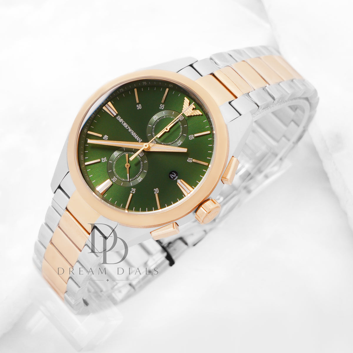 Emporio Armani Men’s Quartz Two Tone Stainless Steel Green Dial 43mm Watch AR11511 Cross angled view
