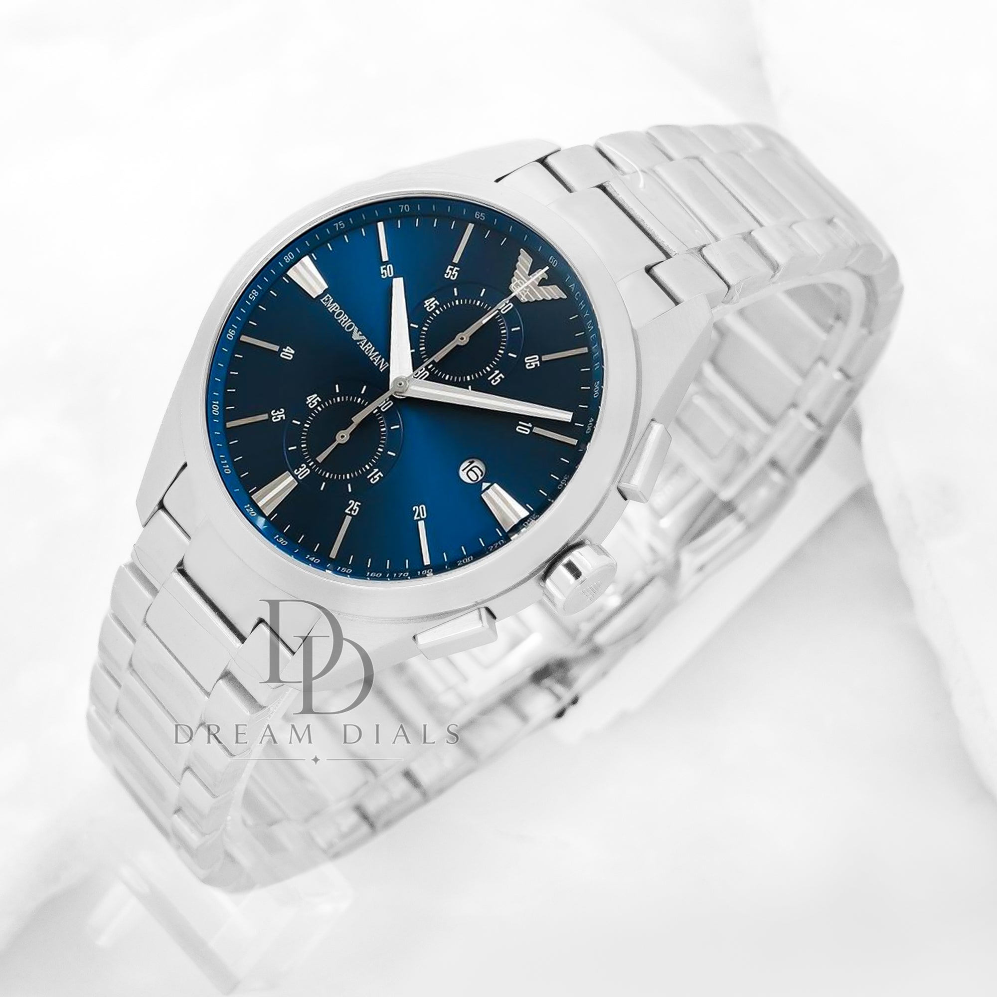 Emporio Armani Men’s Quartz Silver Stainless Steel Blue Dial 43mm Watch AR11541 unique cross angled macro and side view