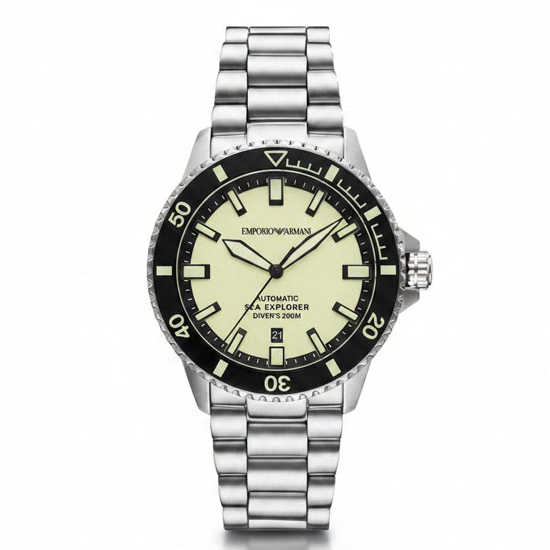 Emporio Armani Sea Explorer Men’s Automatic Silver Stainless Steel Yellow Dial 42mm Watch AR60083