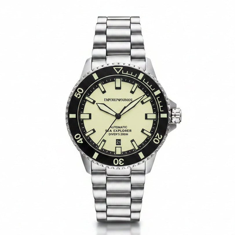 Emporio Armani Sea Explorer Men’s Automatic Silver Stainless Steel Yellow Dial 42mm Watch AR60083