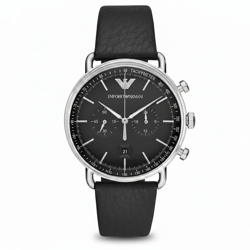 Emporio Armani Aviator Men’s Chronograph Quartz Leather Strap Black Dial 43mm Watch AR11143