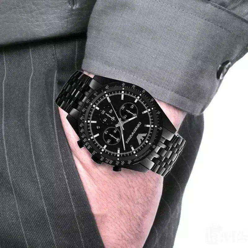 Emporio Armani Black Stainless Steel Black Dial Watch For Gents AR5989 on wrist