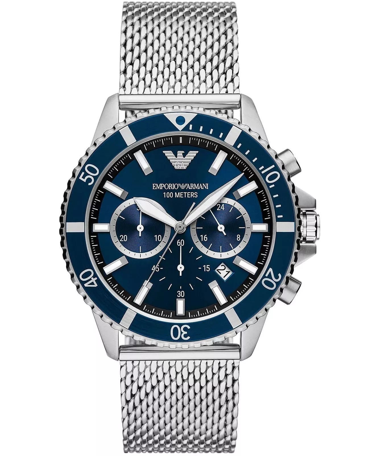 Emporio Armani Diver Silver Stainless Steel Mesh Blue Dial Quartz Watch for Gents- AR11587