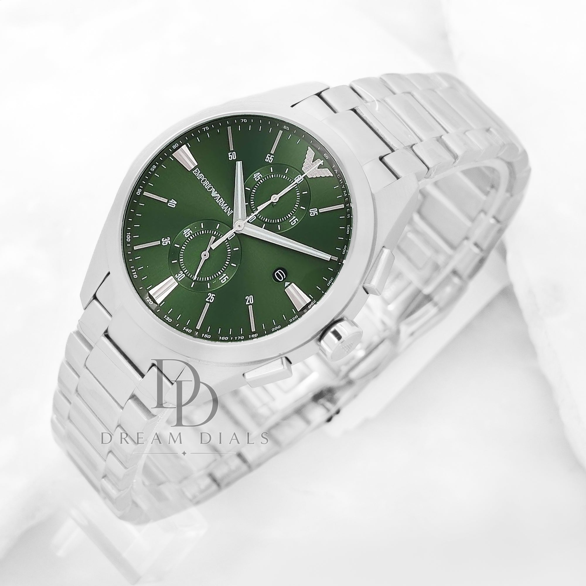 Emporio Armani Men’s Quartz Silver Stainless Steel Green Dial 43mm Watch AR11480 Cross angled view