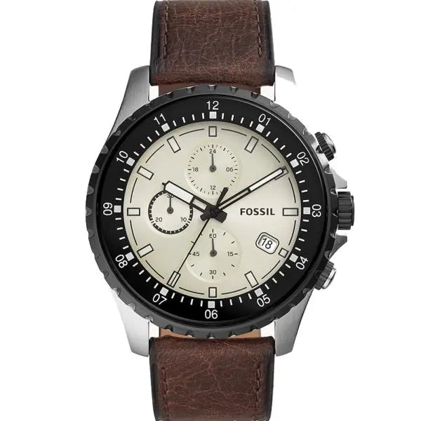 Fossil Men’s Chronograph Quartz Brown Leather Strap Beige Dial 48mm Watch FS5674