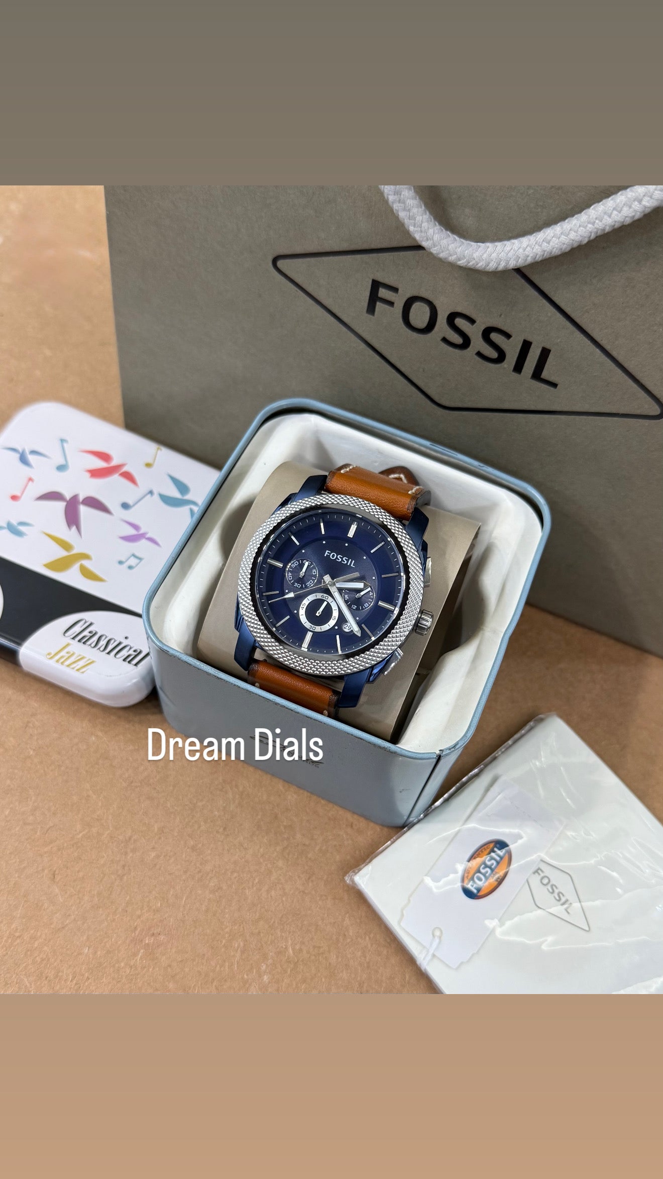 Fossil Machine Brown Leather Strap Blue Dial Chronograph Watch for Men FS5232