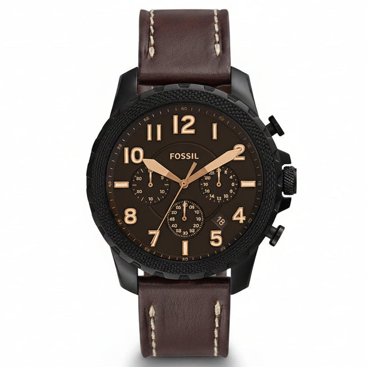Fossil watch with brown leather strap and brown dial on a white background