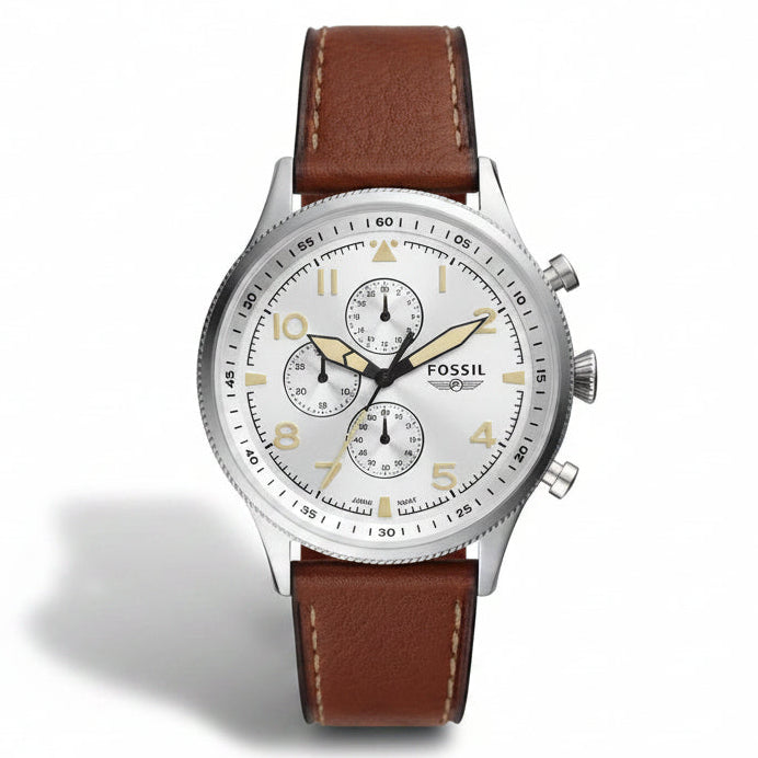 Fossil Men’s Quartz Brown Leather Strap Silver Dial 44mm Watch FS5809