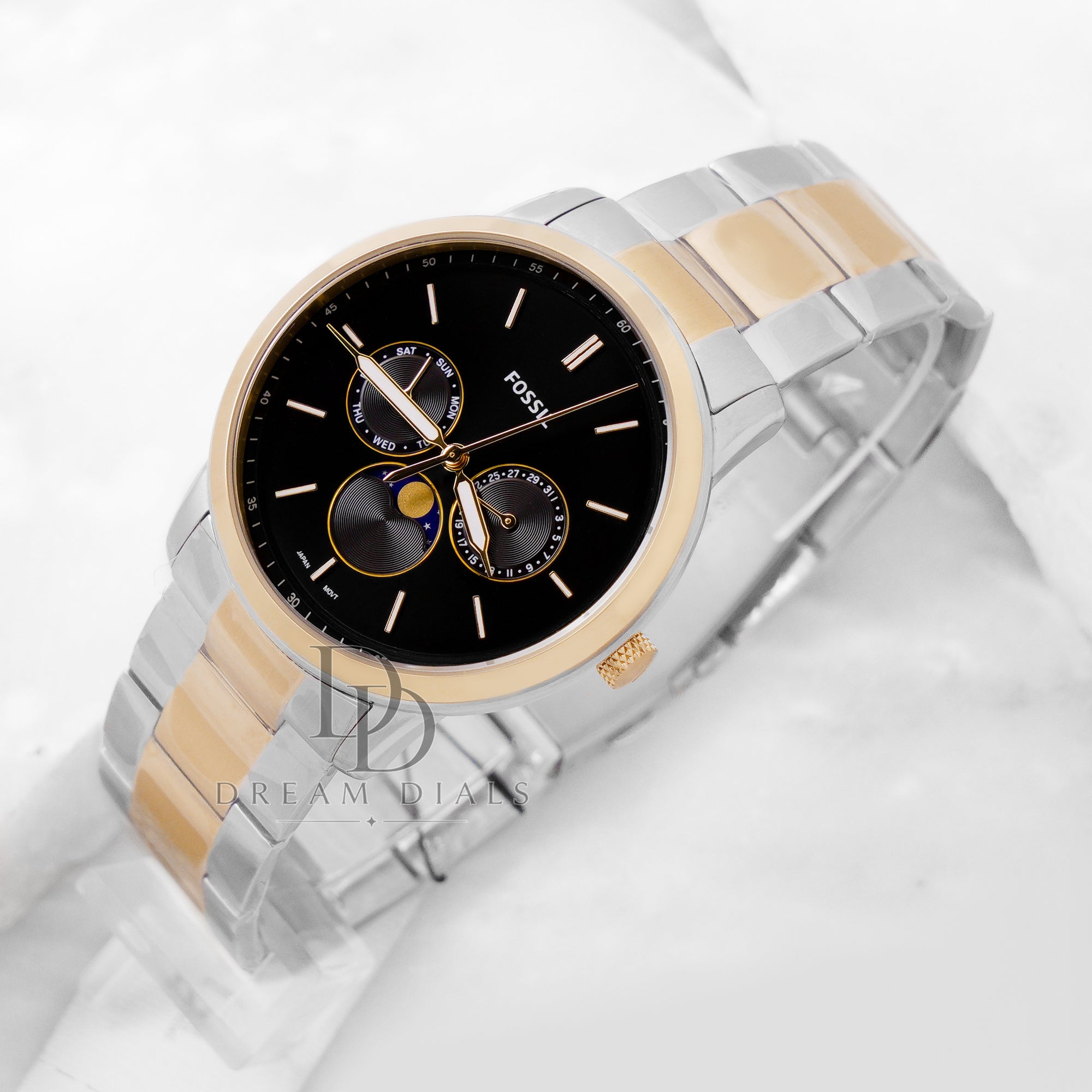 Fossil Moonphase Two-Tone Stainless Steel Black Dial Quartz Watch for Gents - FS5906