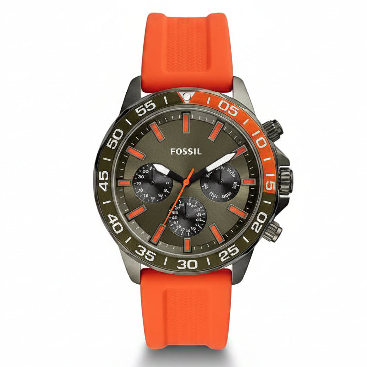 Fossil Men’s Chronograph Quartz Orange Silicone Strap Green Dial 45mm Watch BQ2500