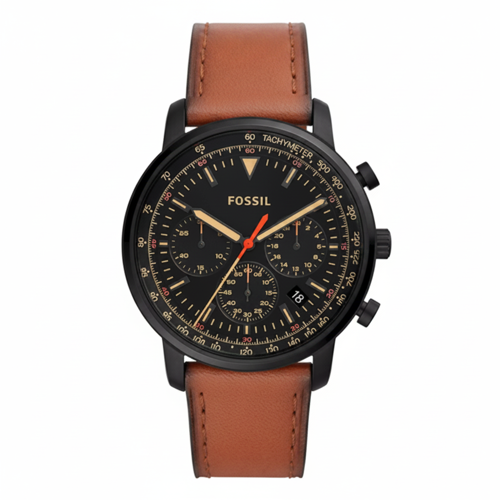 Fossil Goodwin Luggage Leather Strap Black Dial Chronograph Watch for Men FS5501