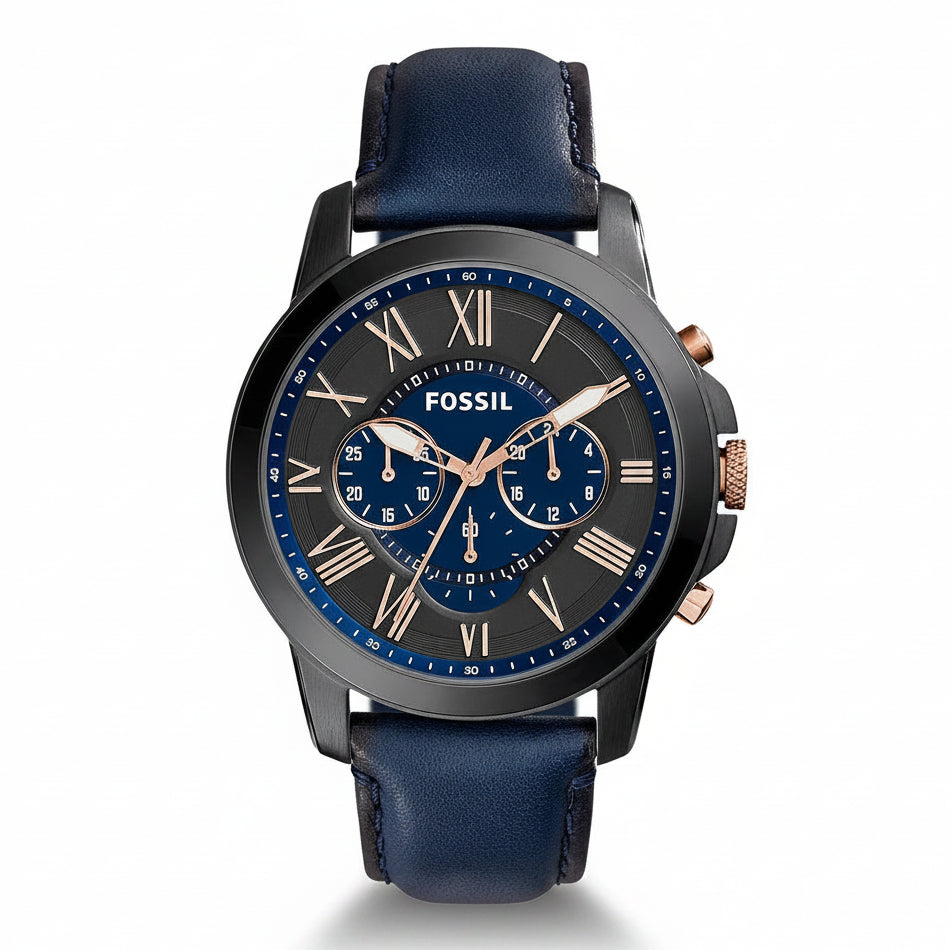 Fossil Grant Blue Leather Strap Black Dial Chronograph Watch for Men FS5061