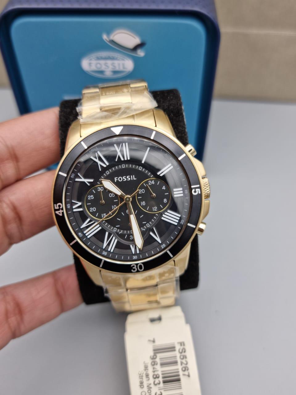 Fossil Grant Men’s Chronograph Quartz Gold Stainless Steel Black Dial 44mm Watch FS5267