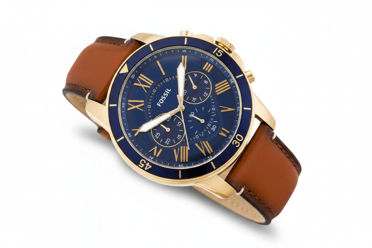 Fossil  Grant Sport Men’s Quartz Brown Leather Strap Blue Dial 44mm Watch FS5268