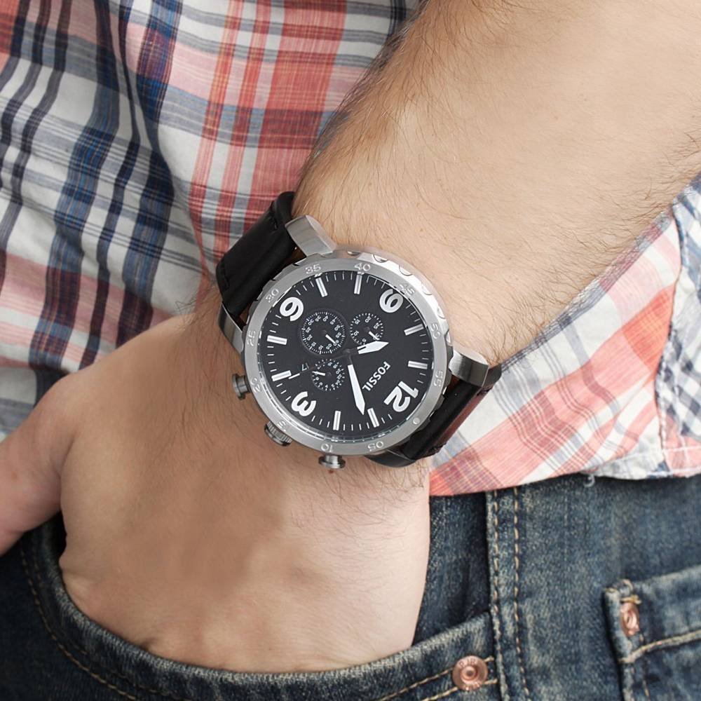 Fossil Men’s Quartz Black Leather Strap Black Dial 50mm Watch JR1436