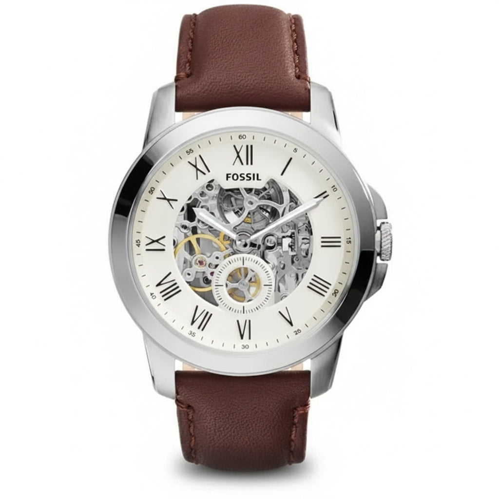 Fossil Men’s Automatic Brown Leather Strap Cream Skeleton Dial 44mm Watch ME3052