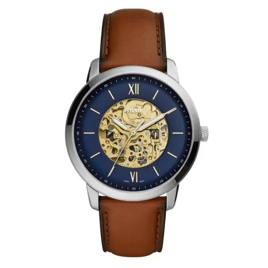 Fossil Men’s Automatic Brown Leather Strap Blue Skeleton Dial 44mm Watch ME3160