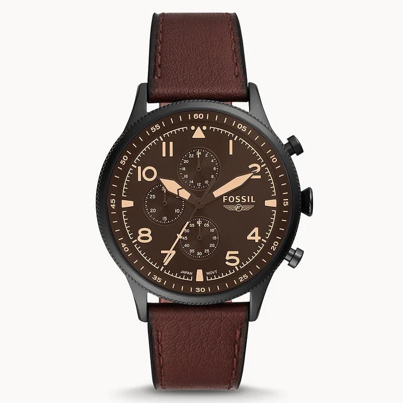 Fossil Chronograph Brown Leather Strap Black Dial 44mm Watch For Men FS5833