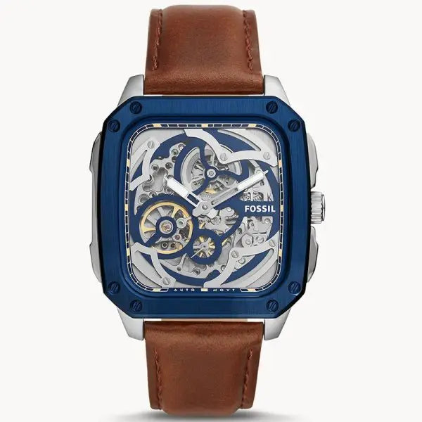 Fossil Men’s Automatic Brown Leather Strap Blue Skeleton Dial 42mm Watch BQ2571