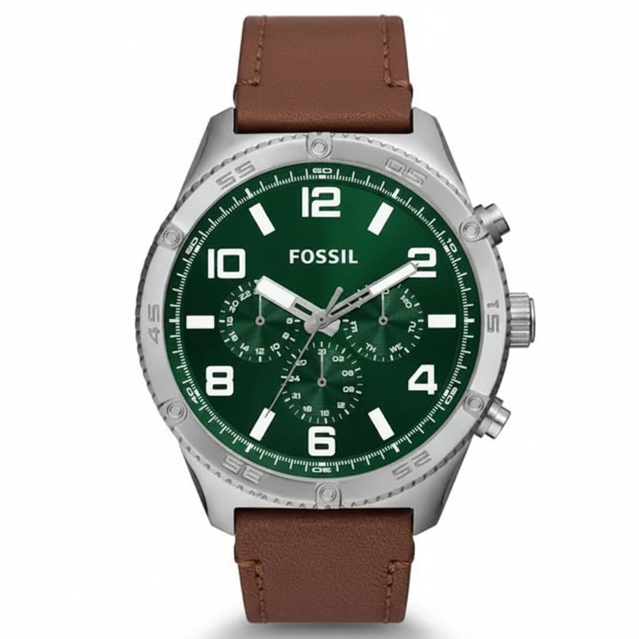 Fossil Men’s Quartz Brown Leather Strap Green Dial 50mm Watch BQ2801