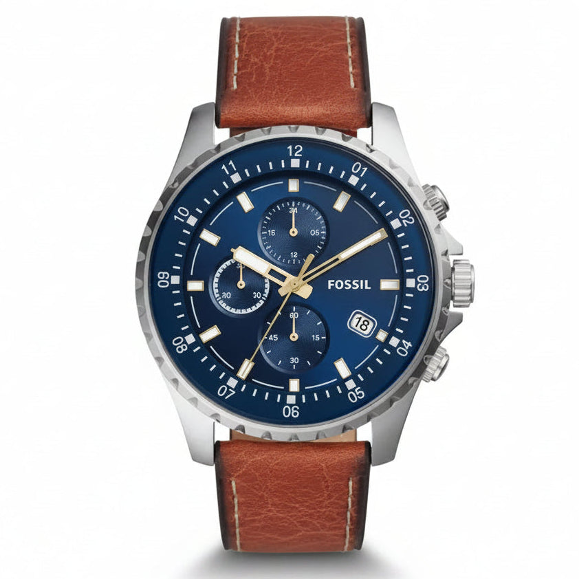Fossil Men’s Quartz Chronograph Brown Leather Strap Blue Dial 48mm Watch FS5675