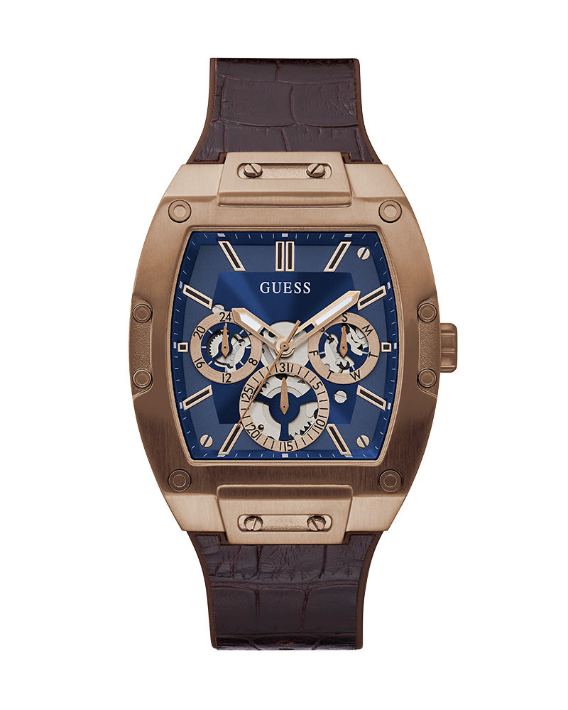 Guess Men’s Quartz Brown Silicone & Leather Strap Blue Dial 43mm Watch GW0202G2
Guess watch with brown strap and blue face on a white background