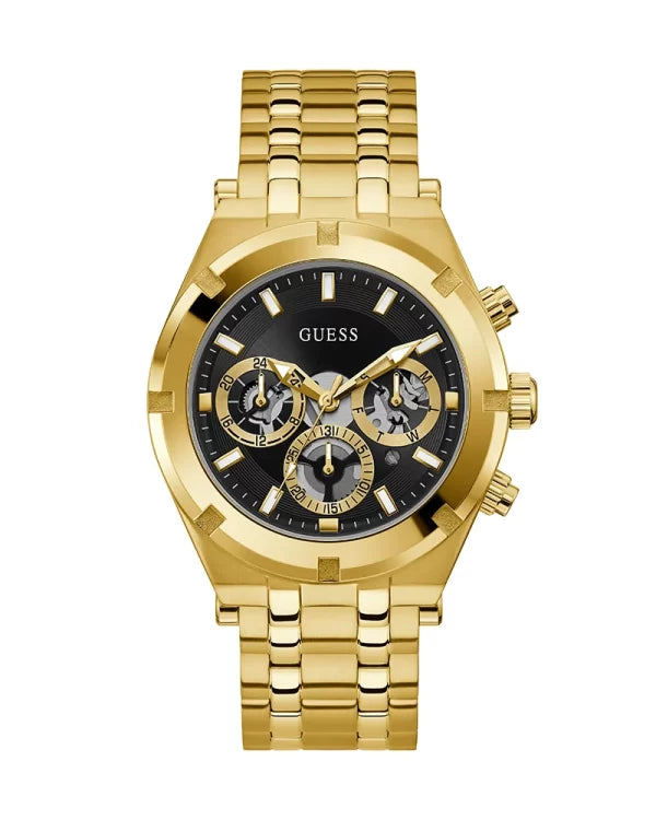 Guess Men’s Quartz Stainless Steel Black Dial 44mm Watch GW0260G2
Gold-tone stainless steel chronograph watch by GUESS with a black dial and gold accents, shown on a plain white background.
